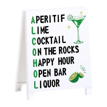 Imagem de Placa engraçada para decoração de mesa de bar - design "Aperitivo Lime Cocktail On the Rocks Happy Hour". Decoração de mesa com tema de álcool humorístico para adegas, cozinha, prateleira, acessórios