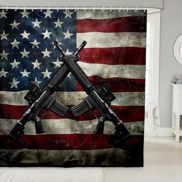 Imagem de Erosebridal Cortina De Chuveiro Com Bandeira Americana, Banheiro Metralhadora Para Meninos 72X72 Polegadas, Banho Listras Geométricas E Estrelas Crianças, Decoração Banheira, Soldado Americano Verme