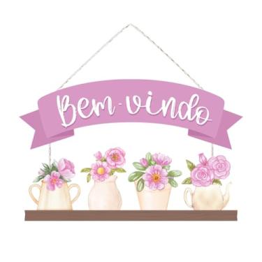 Imagem de Placa Decorativa Bem Vindo para Entrada Porta Parede com Flores - Escolha a Cor (Roxo)