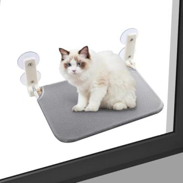 Imagem de Rede dobrável para janela para gatos com ventosas duplas resistentes – Cama de malha de pelúcia e poleiro de salto para gatos internos, design de economia de espaço montado na parede (cinza)