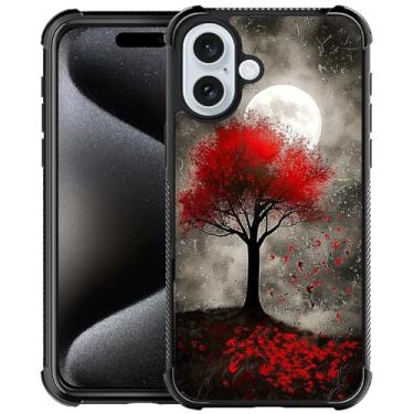 Imagem de CARLOCA Compatível com capa para iPhone 16, árvore vermelha, folhas caindo do luar, design moderno para meninas, à prova de choque, antiarranhões, capa traseira de policarbonato rígido para iPhone 16