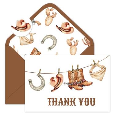 Imagem de JarThenaAMCS Pacote com 24 cartões de agradecimento de cowboy marrom chapéu de cowboy botas varal cartões de felicitações com envelopes adesivos cartão de notas em branco para chá de bebê ocidental