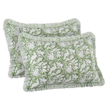 Imagem de Capa CPC verde oliva 100% algodão com estampa de babados 50 x 76 cm, pacote com 2, fronha floral boho feita à mão, capa de almofada Lumar decorativa macia para decoração de quarto