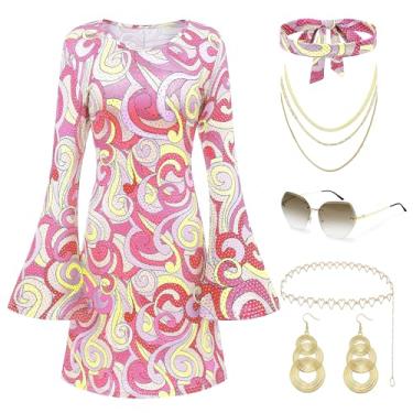 Imagem de Coucoland Roupas femininas para discoteca dos anos 70, vestido hippie dos anos 60, acessórios de festa, conjunto de óculos de sol, faixa de cabeça, rosa