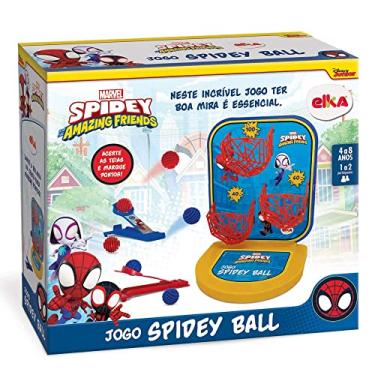 Imagem de Elka Jogo Spidey Ball, Cor: Base amarela, cestinha vermelha, Bolinha Azul e vermelha, Lançador Azul e vermelho, Alvo azul