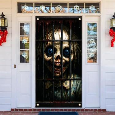 Imagem de Starlit Patio Capa de porta de Halloween 188 x 89 cm faixa de prisão de boneca assustadora cortina de porta da frente assustadora decoração de terror casa assombrada adereço de porta festa de