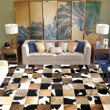 Imagem de Tapete De Couro De Vaca Real Clássico Para Casa, Sala De Estar Tapete De Couro Feito à Mão Patchwork Tapete De Pele De Vaca Couro De Vaca Para Quarto Decoração Ocidental, 90cm×120cm