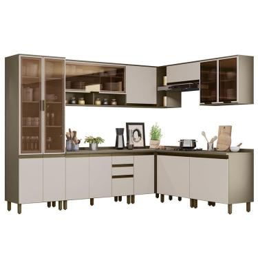 Imagem de Cozinha Completa De Canto 9 Peças Connect Duna/cristal Com Cristaleira E Aéreo Vidro - Móveis Henn Duna/cristal
