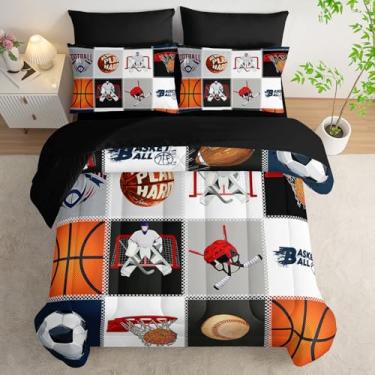 Imagem de AILONEN Jogo de edredom esportivo, solteiro, com estampa de bola de futebol e basquete, 7 peças, edredom de microfibra macia, lençol de cima, 2 fronhas, 2 fronhas para crianças, meninos e homens