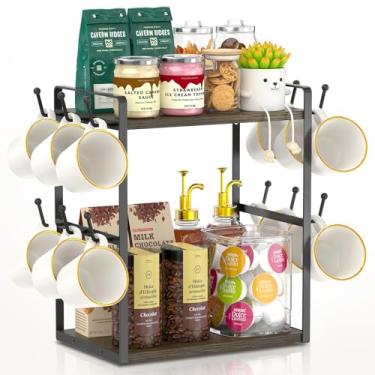 Imagem de EsLuker.ly Suporte para caneca organizador de bar de estação de café, suporte de caneca de 2 camadas, suporte de árvore para cozinha, escritório, prateleira de armazenamento com 12 ganchos, canto de