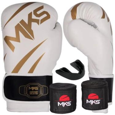 Imagem de Kit Luva de Boxe Muay Thai Kickboxing Champions III + Bandagem + Protetor Bucal MKS Combat - Escolha o seu Modelo (BRANCO E DOURADO, 16oz)