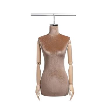 Imagem de Mannequin Manequim pendurado com torso de tecido de veludo, braço ajustável de madeira maciça, usado para vitrine de loja de roupas, exposição de loja(Brown,Silver short hook)