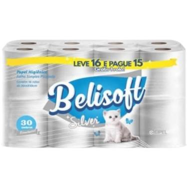 Imagem de 16 Rolos Papel Higiênico Belisoft Silver, Folha Simples, 30 Metros