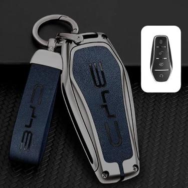 Imagem de Capa de Chave Premium BYD, Capa Protetora para Chave de Carro em Liga de Zinco e Couro – Case com Chaveiro e para BYD Qin Plus DMI, Atto 3, Han EV e Dolphin (Chumbo Azul)