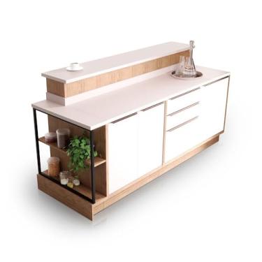 Imagem de Ilha de Cozinha com Bancada 100% Mdf Herval Ten, Off White e Louro Freijó, Com Tampo