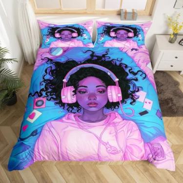 Imagem de meiyoeat Capa de edredom para meninas negras, tamanho Queen, roxo, para meninos e adolescentes, ouvindo música, respirável, para decoração de quarto
