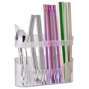 Imagem de NiHome Suporte de canudo para armário com divisórias ajustáveis, serve para canudos Stanley de 1,134 g e canudos curtos, suporte de parede adesivo sem perfuração para plástico reutilizável, silicone