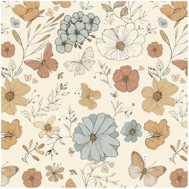 Imagem de Theper Papel de parede floral bege Papel de parede autoadesivo removível Boho 43 cm × 78 cm, papel de parede autoadesivo removível para quarto, papel de contato floral para armários decoração mural