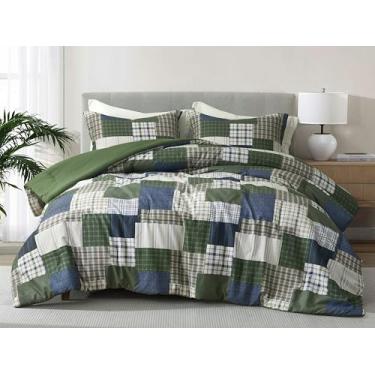 Imagem de Chezmoi Collection Conjunto de edredom de 3 peças com estampa de cedro - verde marinho xadrez listrado - microfibra pré-lavada, leve, reversível, para todas as estações, tamanho casal