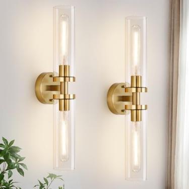 Imagem de Conjunto de duas arandelas de parede, arandelas douradas escovadas com fio, iluminação de parede com vidro transparente, arandelas modernas para decoração de parede, conjunto de 2 luminárias de parede