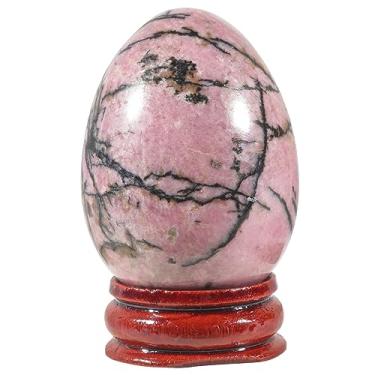 Imagem de Casaper Ovo de rodonita natural de 5 cm com suporte de madeira para decoração de casa, estatuetas de Fengshui com esfera de palmeira de cristal polido Reiki curativo