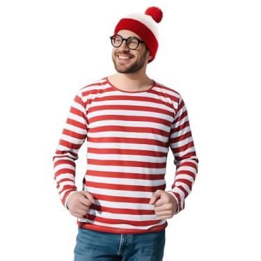 Imagem de Coskidshas Adults Red and White Striped Shirt Costume Halloween Cosplay Outfits Sweatshirt Long Sleeve Shirt Hat Glasses Men XXL