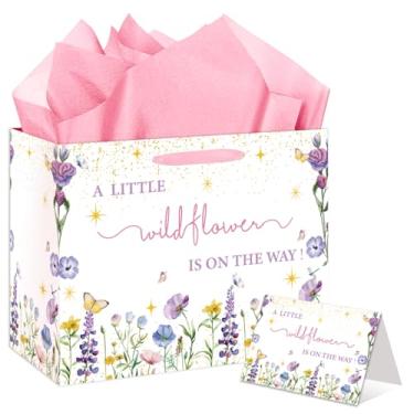 Imagem de Pink Wildflower Saco de presente de festa de chá de bebê grande revelação de gênero saco de presente com cartão e papel de seda Um pouco de flores silvestres está a caminho papel de embrulho para