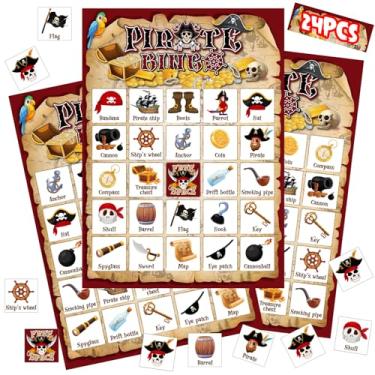 Imagem de Shappy 35 cartas de bingo para festa pirata, 24 jogadores, aventuras de navio pirata, jogos de bingo, crânio, mapa, tesouro, navegação, lembrancinhas temáticas, para Halloween, carnaval, aniversário