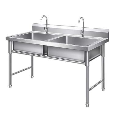 Imagem de TsoLay Pia de cozinha em aço inoxidável, pia dupla, pia externa com suporte, pia industrial para negócios, restaurante, café, bar, hotel, garagem, lavatório, piscina