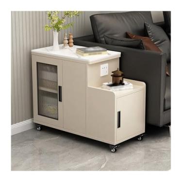 Imagem de Mesa lateral de sofá, mesa lateral de luxo, mesa lateral móvel, sala de estar, armário multifuncional, mesa lateral criativa (creme + branco)