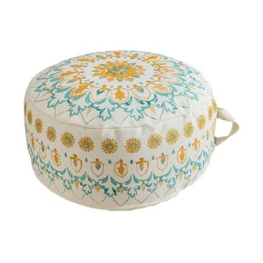 Imagem de MOCOFO Capa de pufe otomana boêmia redonda, 45 cm, mistura de algodão, estampa de janela de igreja, apoio para os pés para armazenamento de sala de estar, apenas capa (ciano tie-dye claro)