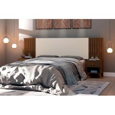 Imagem de Cabeceira Box Casal Lady Ripado com Criados Embutidos, 140-160 cm, Madeira Natural, Design Moderno (Jequitibá/OffWhite)