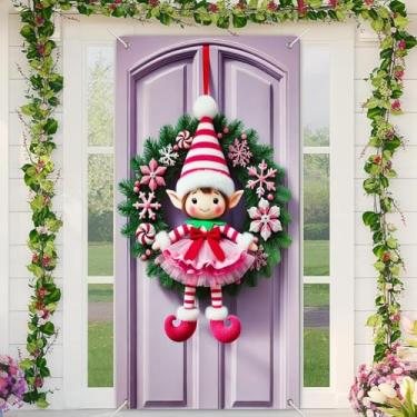 Imagem de BlissYard Capa de porta de Natal, guirlanda de boneca de elfo rosa, 89 x 188 cm, faixa festiva para decoração de parede interna e externa, tecido de poliéster para meninas ou meninos, presentes e