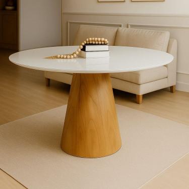Imagem de Mesa de Jantar Cone Redonda Laminado em Madeira 120cm Cairo Branco/Cinamomo