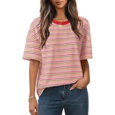Imagem de Camisa feminina MEROKEETY de verão de manga curta listrada rosa
