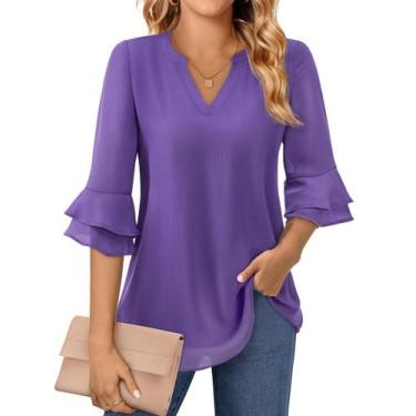 Imagem de Blusa feminina Uhiger, casual, de chiffon, manga 3/4, violeta M
