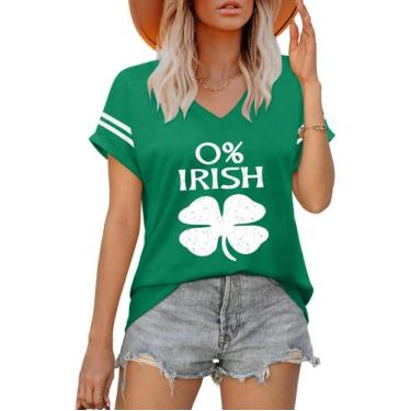 Imagem de Camiseta feminina HQP St Patricks Day Shamrock com decote em V e manga