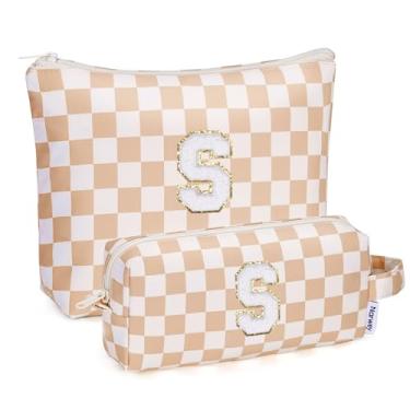 Imagem de Narwey Bolsa de maquiagem com inicial personalizada, 2 peças, xadrez, presentes de aniversário, presentes para meninas, coisas modernas, 6, 8, 10, 11, 12, 13, 14, 16, 18 anos, bolsa de higiene pessoal