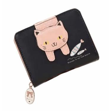 Imagem de Carteira feminina bonita de gatinho, com zíper, dobrável, curta, para moedas, dinheiro, organizador de cartões com janela fotográfica para mulheres ROSA PRETA VERDE AZUL E NUDE 12x10x3cm (Preto)
