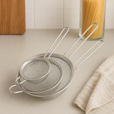 Imagem de Kit 3 Peneiras Aço Inox 8/14/20cm - Coador de Chá/Suco, Peneirar Farinha, Utensílios de Cozinha Inox Conjunto de Peneiras Gourmet Malha Fina Ideal para Confeitaria