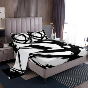 Imagem de Jogo de lençol Abstarct preto e branco para mulheres adultas, geométrico, listrado, geométrico, lençol com elástico para minimalistas, graffiti, linhas estéticas, boêmio, contemporâneo, arte moderna
