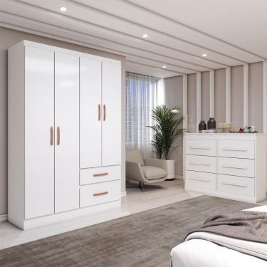 Imagem de Guarda-Roupa Solteiro Europa 4 Portas 2 Gavetas e Cômoda 6 Gavetas Branco - Panorama Móveis