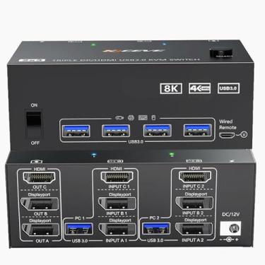 Imagem de HDMI + 2 Displayport KVM Switch 3 Monitores 2 Computadores 8K @60Hz 4K @144Hz, USB 3.0 KVM Switch para 2 PC Compartilhar Teclado Mouse e Monitor Triplo, Controlador de Mesa e 2 Cabos USB 3.0 Incluídos