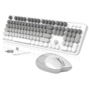 Imagem de Teclado e mouse sem fio cremoso, teclas redondas MOFII 104, máquina de escrever retrô com OTG e pincel, ergonômico de tamanho completo, ideal para Windows PC, casa, escritório e faculdade, cinza e