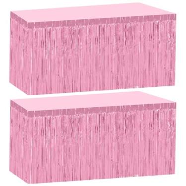 Imagem de Bouiexye Pacote com 2 saias de mesa com franja rosa de 75 x 272 cm, saias de mesa descartáveis para mesas retangulares, cortinas, pano de fundo, desfile, boias de casamento, chá de bebê, aniversário