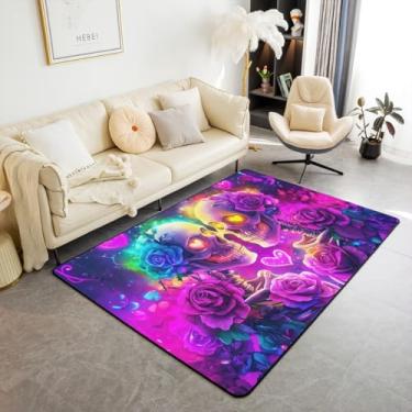 Imagem de Tapete de caveira gótica, tapete de área de flores de rosas roxas para decoração de sala de estar, decoração de sala de estar, coração amante de luxo, tapete floral colorido, não cai, 14 x 15 cm