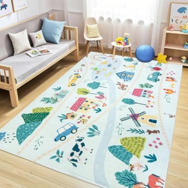 Imagem de Lacomfy Tapete infantil 12 x 20 cm, animais de fazenda, sala de jogos, trânsito, estrada, tapete de brinquedo grande, lavável, antiderrapante, educativo, macio, para quarto de bebê, azul