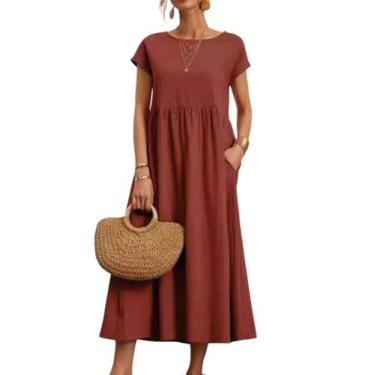 Imagem de Vestido midi Zhyaj, túnica solta, praia de verão com bolsos de algodão