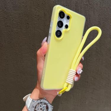 Imagem de Capa de celular 2 em 1 com alça de pulso e cordão em gel para Samsung Galaxy S25 S24 S23 S22 Ultra Plus Fe A26 A35 A54 A16 A56 (capa sólida para Galaxy A32 4G/amarelo claro)