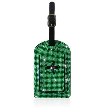 Imagem de MINGZAIQIPEI Etiqueta de bagagem com strass de cristal brilhante – Etiqueta de bagagem de diamante brilhante para bolsa, bolsa escolar, mala, instrumento, Verde, 13.5*9.4cm, 1